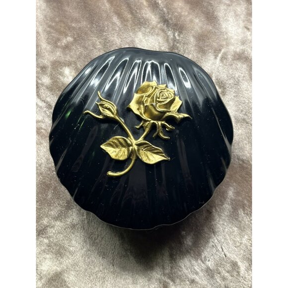 VINTAGEHinged Trinket/Jewelry Box Vintage Plastic Black Decorative Gold Flowers - Picture 4 of 16